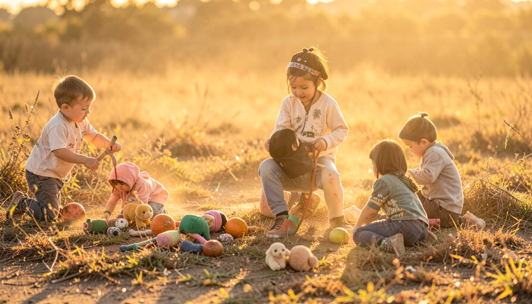 Children playing outdoors in a dusty field with handmade toys, golden afternoon light, warm yellows and browns