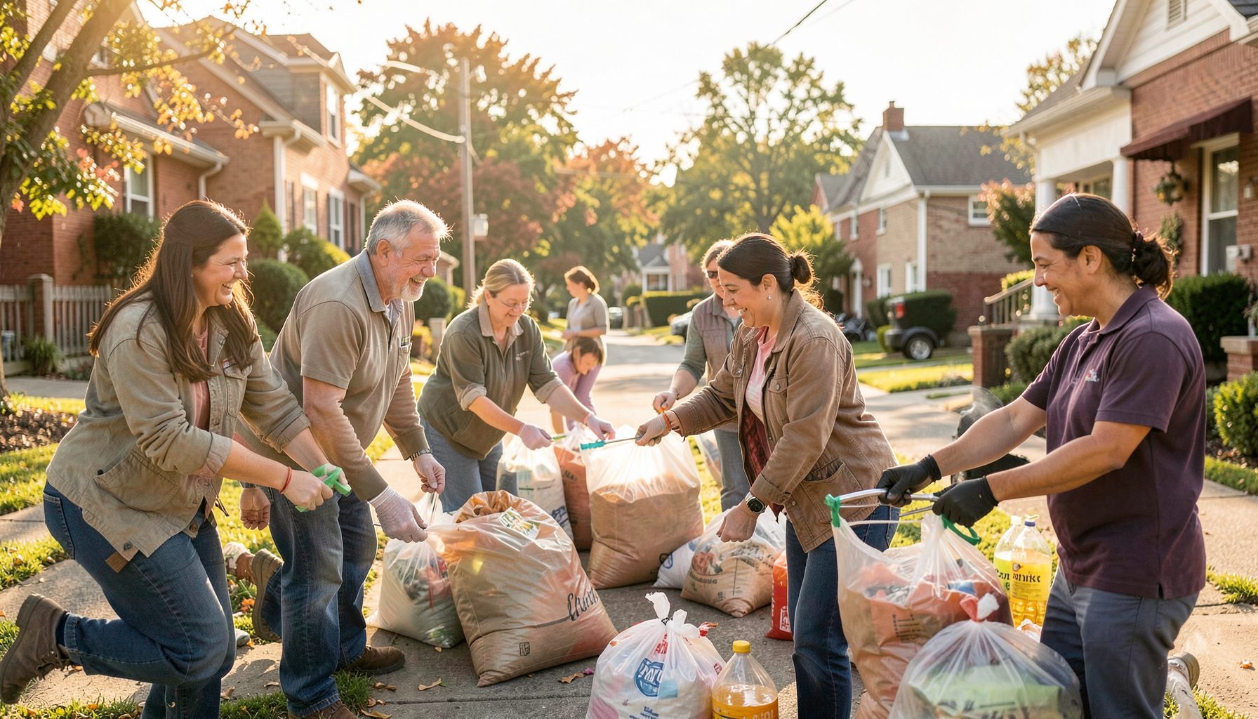 Community volunteers distributing supplies in a neighborhood, warm daylight, hopeful mood