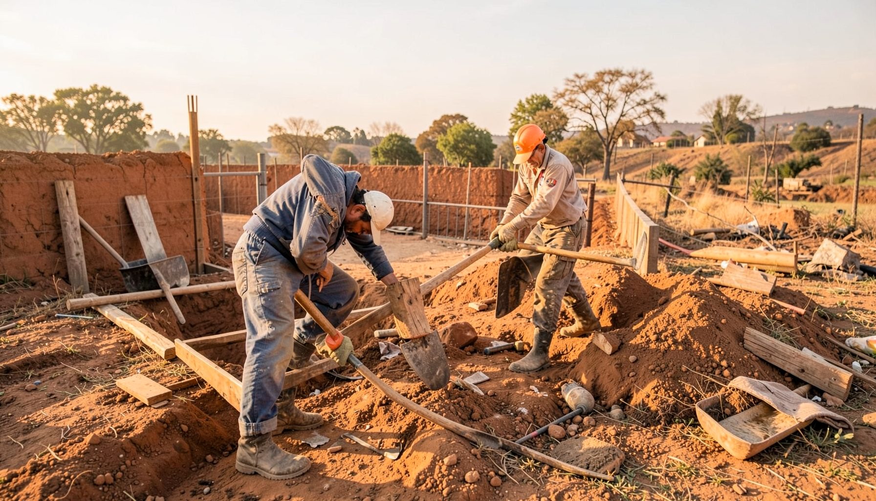 Construction or improvement work in a rural setting, warm earth tones, purposeful activity
