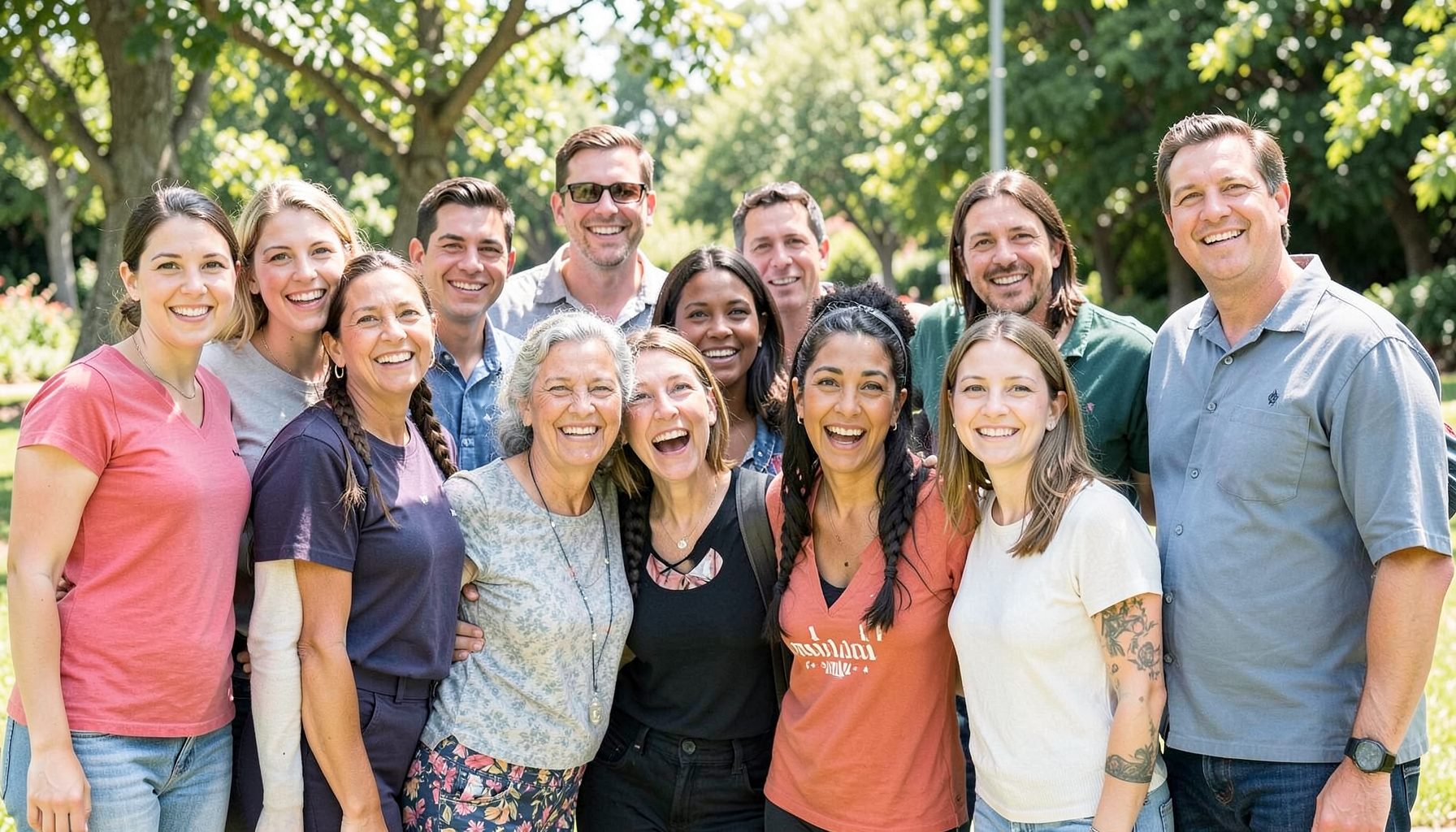 Diverse group of volunteers smiling together outdoors, bright natural light, sense of purpose