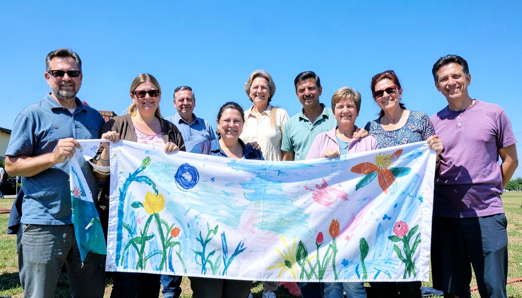 Group of people standing together holding a hand-painted banner, bright blue sky behind them