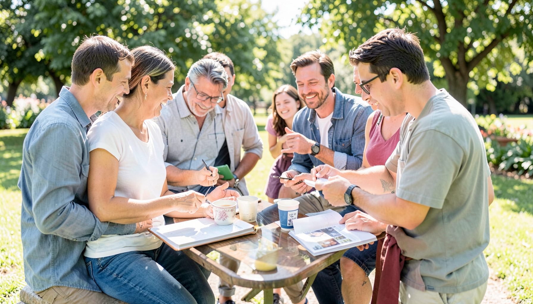 Group of people working together outdoors, bright natural light, collaborative spirit