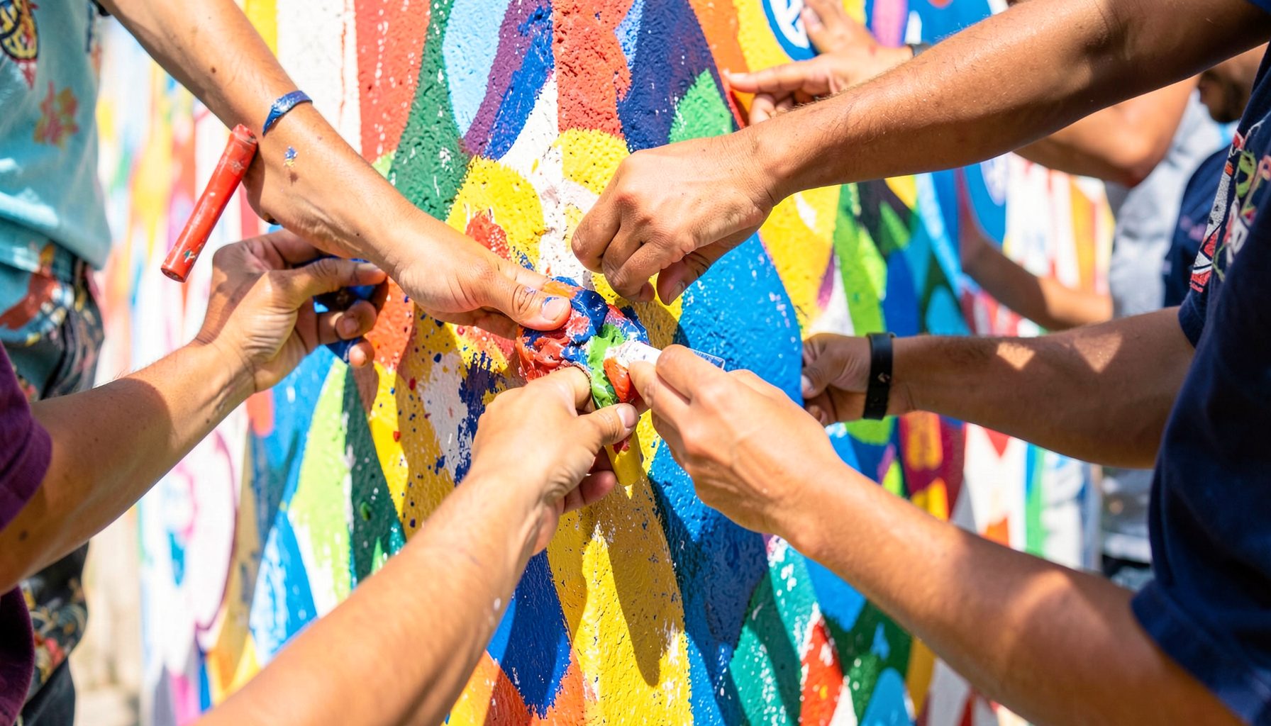 Hands of several people working together on a colorful community mural, bright paint tones against a sunlit wall