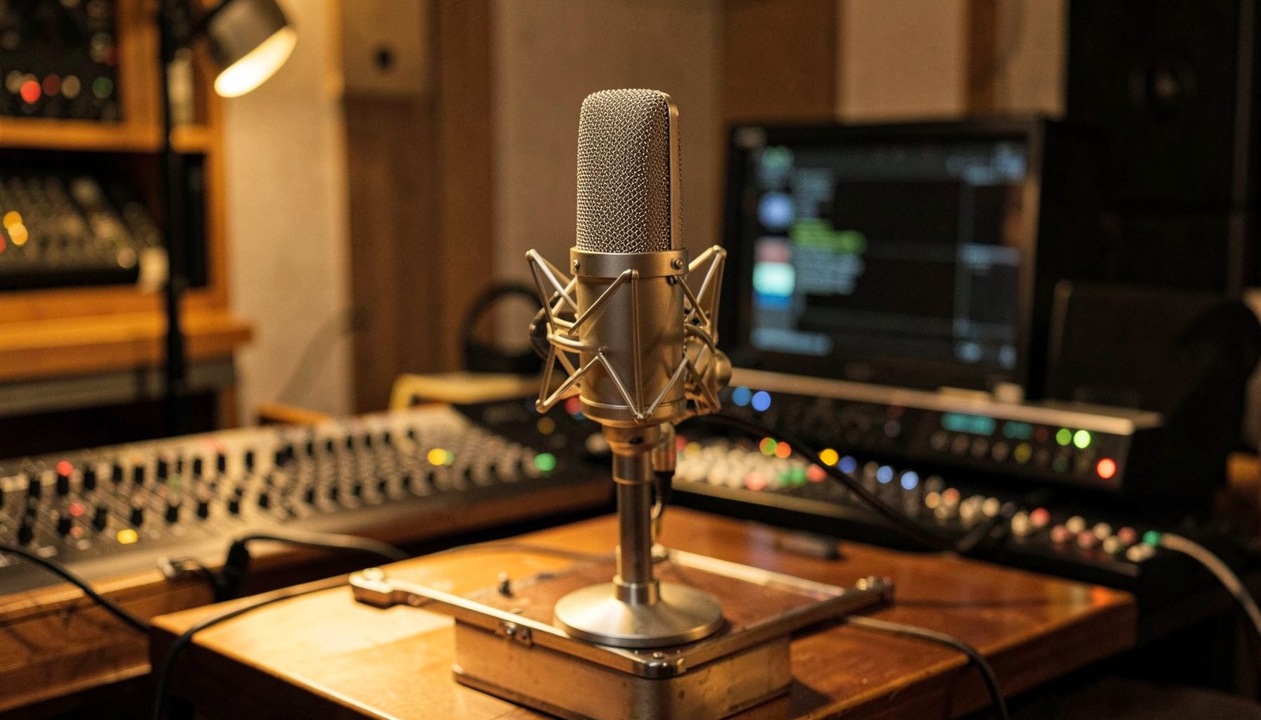 Microphone and recording equipment in a modest studio setting, warm indoor lighting, media production mood