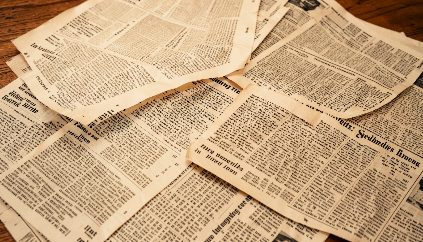 Newspaper clippings spread across a wooden table, warm sepia and cream tones, journalistic atmosphere