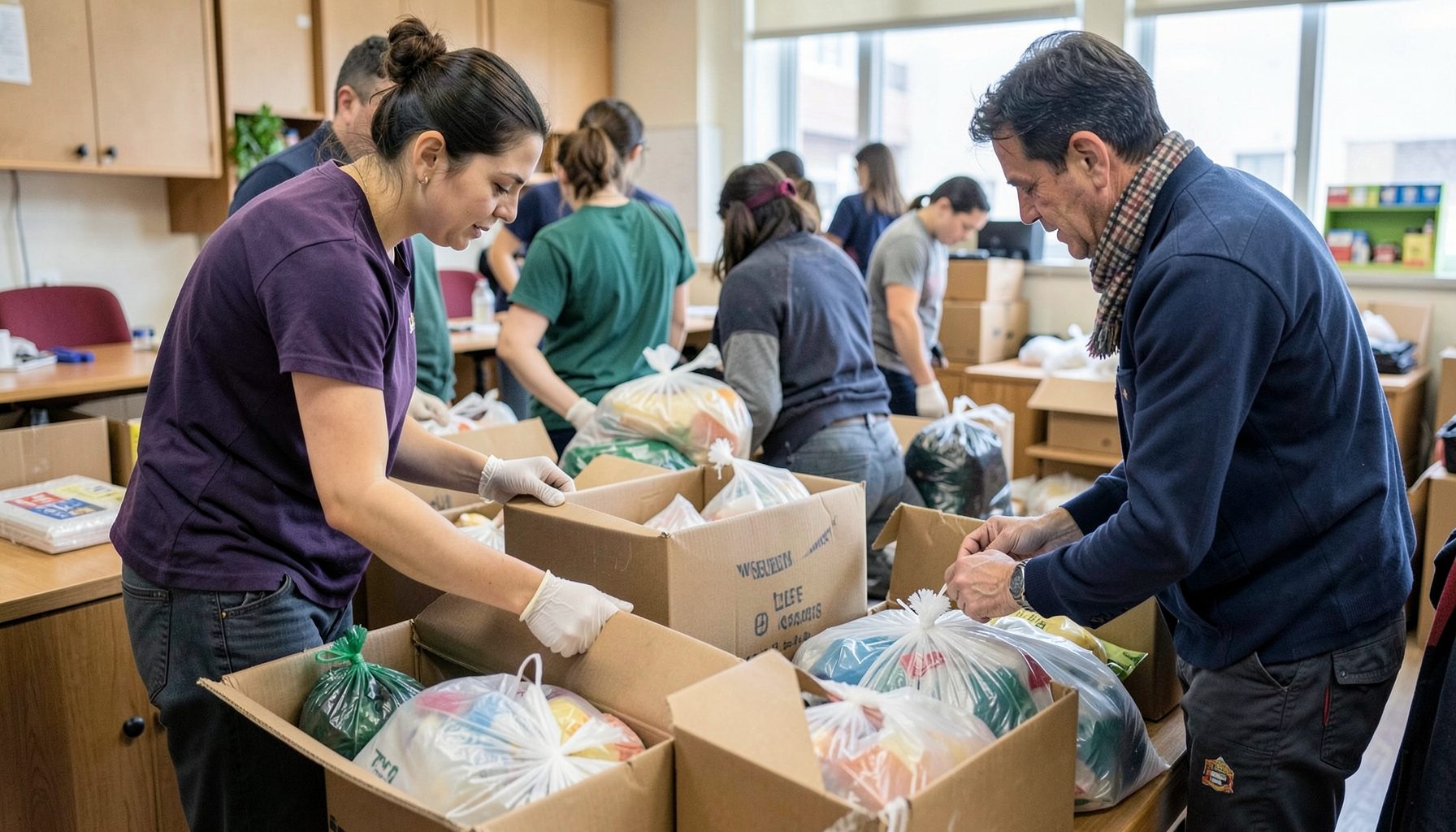 Volunteers packing boxes with supplies, focused and collaborative mood
