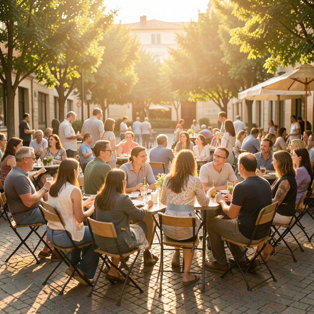 Warm community gathering in a sunlit outdoor plaza, soft golden light, relaxed atmosphere