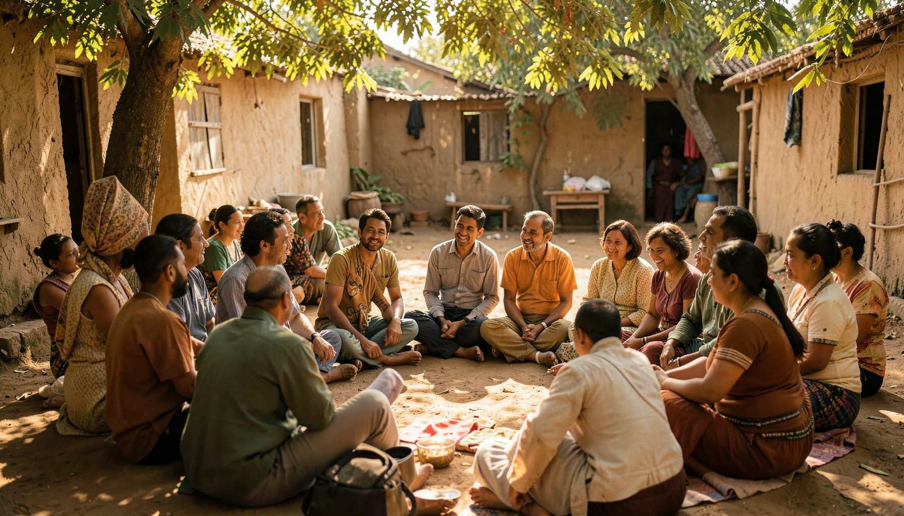 Warm-toned community gathering in a modest outdoor setting, people seated in a circle under dappled sunlight, relaxed and connected