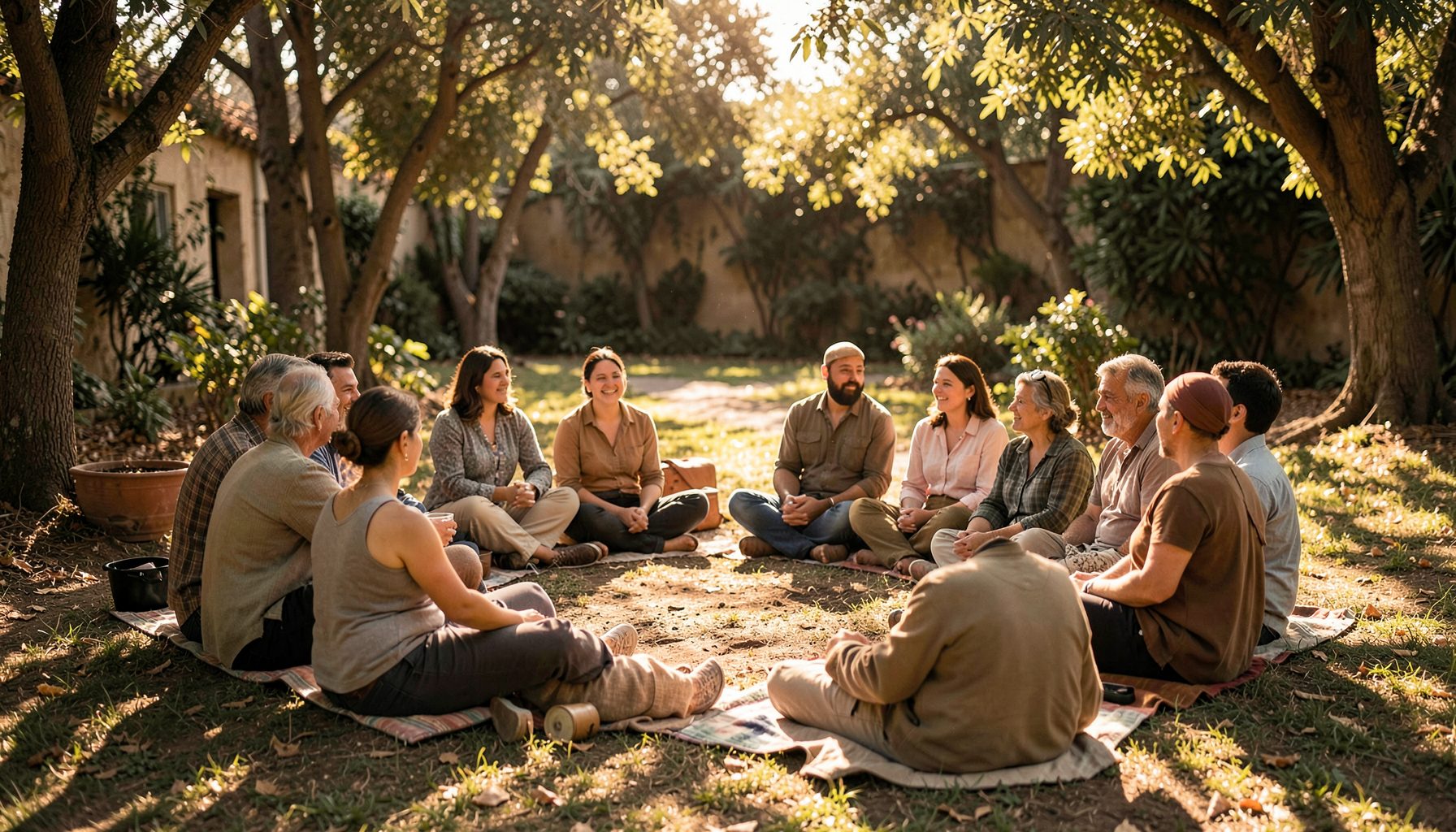 Warm-toned outdoor community gathering with people seated in a circle under dappled sunlight, earthy browns and greens