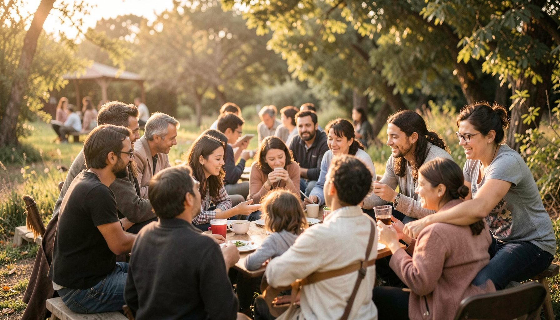 Warm-toned outdoor gathering of people sharing stories under soft afternoon light, community atmosphere